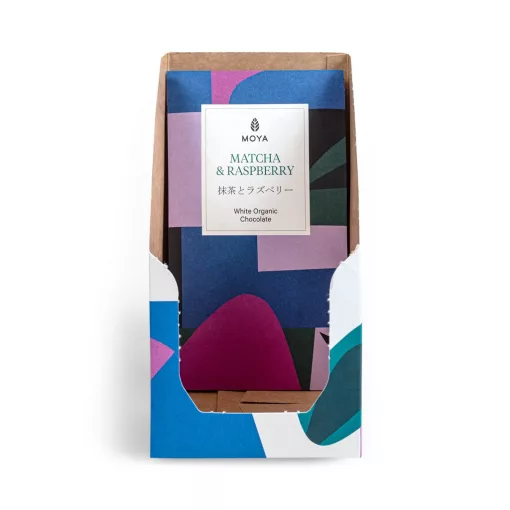 Moya Organikus Matcha Fehércsokoládé Málnával 80 g Nyitva Dobozban
