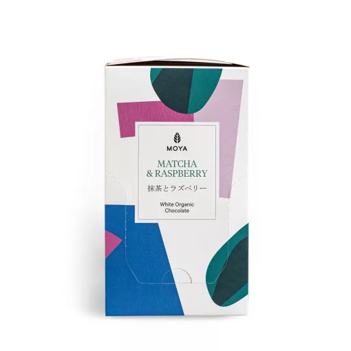 Moya Organikus Matcha Fehércsokoládé Málnával 80 g Doboz Oldalról