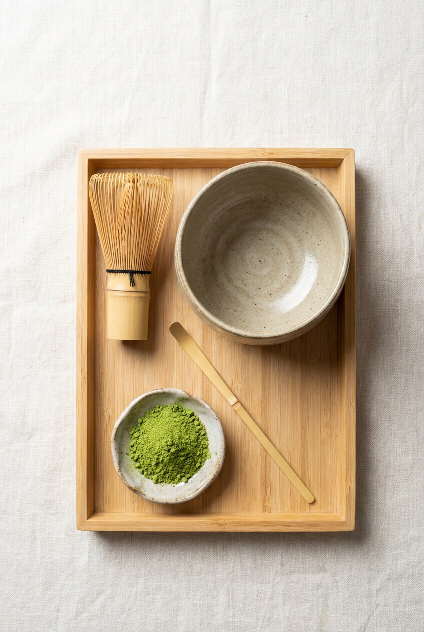 Matcha eszközök – bambusz habverő, tál és matcha por felülnézetből