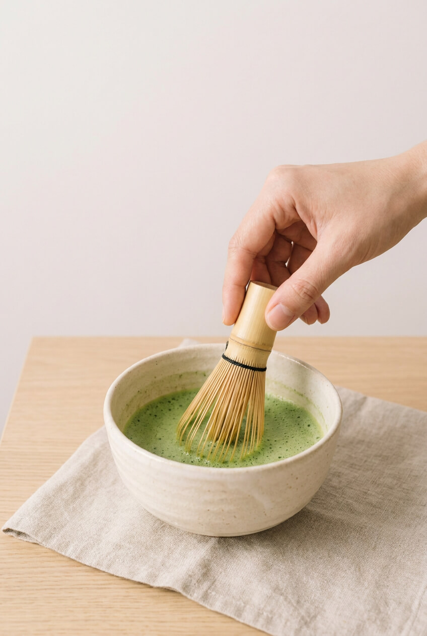Matcha habosítása bambusz habverővel a tálban