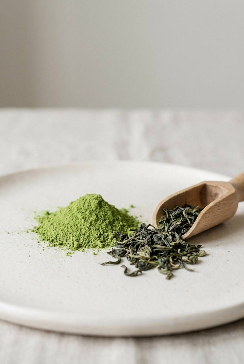 Matcha por és szálas zöld tea levél közelről