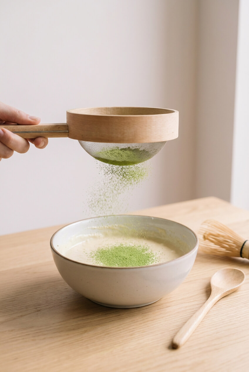 Kulináris matcha por szitálása süteménytésztába